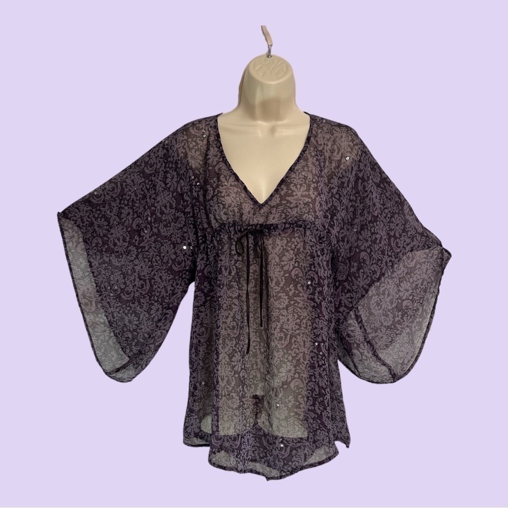 New York & Company Sheer Drawstring High Waist Blouse Swim Cover Purple Size M